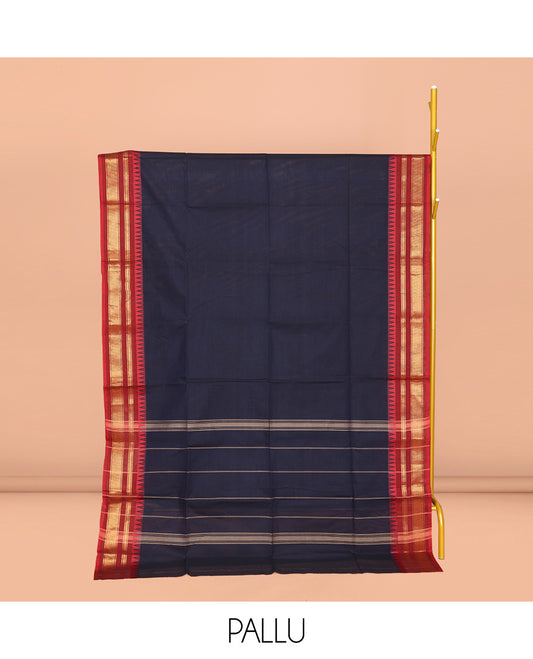 Navy Blue Plain Chettinad Cotton Saree, Complemented by a Contrast Traditional Zari Design Woven Border, Pallu of Stripes, and Paired with a Matching Blouse