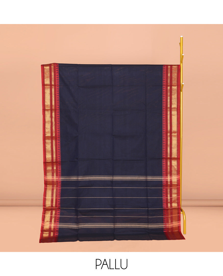 Navy Blue Plain Chettinad Cotton Saree, Complemented by a Contrast Traditional Zari Design Woven Border, Pallu of Stripes, and Paired with a Matching Blouse