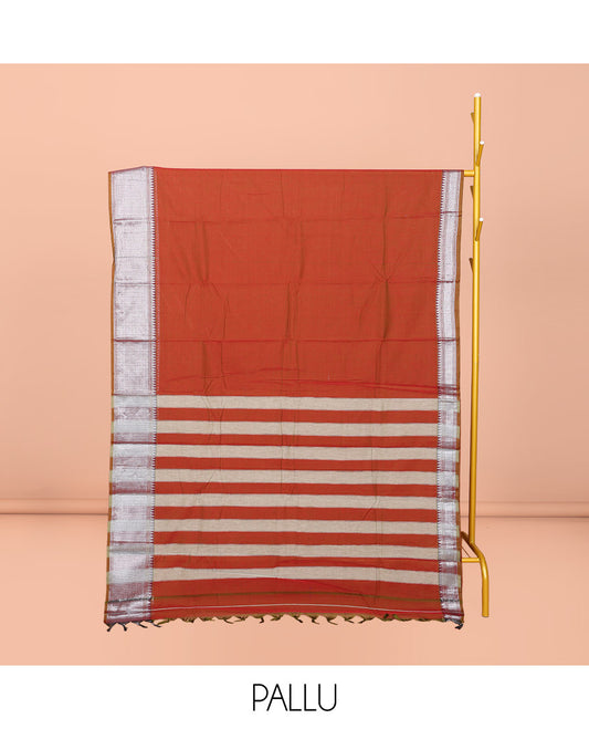 Rust Plain Narayanpet Cotton Saree, Complemented by a Contrast Traditional Design Border, Plain Pallu, and Comes Without a Blouse