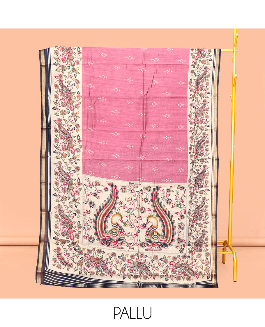 Pink Mul Mul Cotton Saree, Impeccably Styled with Ikat Buttas, Contrast Kalamkari Floral-Peacock Border, Kalamkari Printed Pallu, and a Contrast Blouse