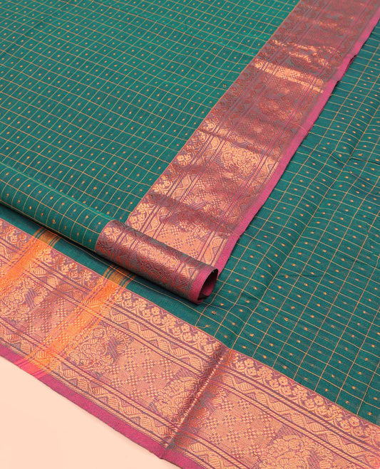 Green Nine-Yard Cotton Saree, Adorned with Butta Enclosed Checked Design on Its Body, Complemented by a Contrast Traditional Zari Border, Striped Pallu, and Comes Without a Blouse