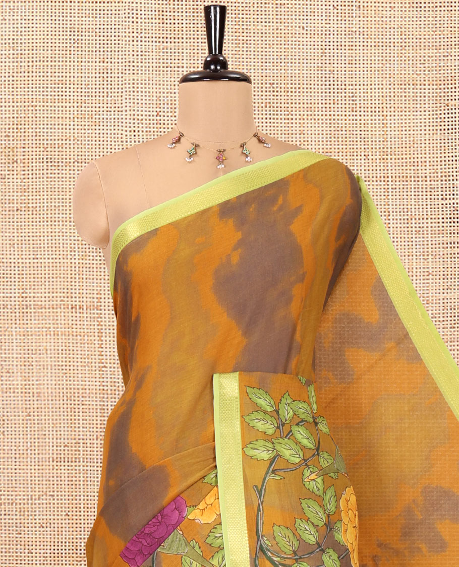 Mustard Andhra Cotton Saree, Embellished with Shibori and a Floral-Bird Print, a Contrast Zari Border, a Pallu of Floral-Bird Print, and a Contrast Blouse