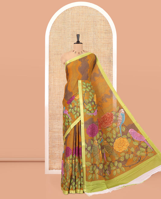 Mustard Andhra Cotton Saree, Embellished with Shibori and a Floral-Bird Print, a Contrast Zari Border, a Pallu of Floral-Bird Print, and a Contrast Blouse