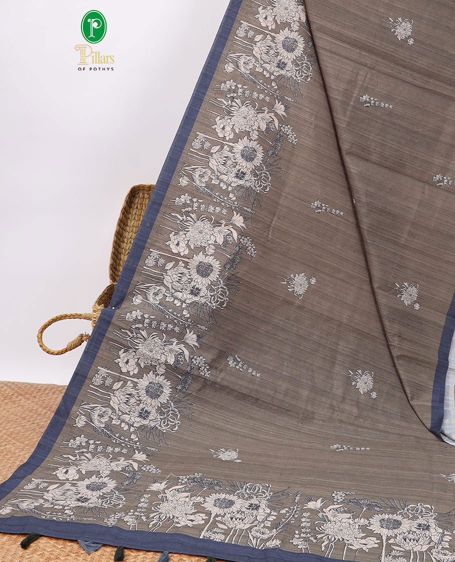 Brown floral digital printed semi-banaras tussar saree with contrast plain border
