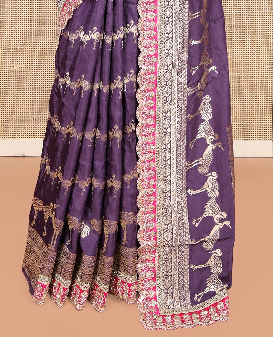 Lavender Bird Buttas Russian Dola Silk Saree, Contrast Patchwork Border, Matching Blouse