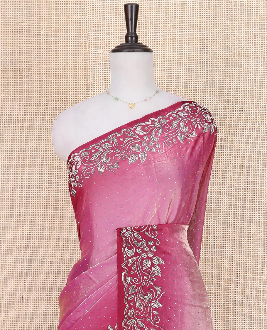 Purple Designer Saree, Accentuated with Stone Struck on Its Body, Complemented by a Contrast Floral Design Stone Work Border, Pallu of Stone Work, and Paired with a Contrast Blouse