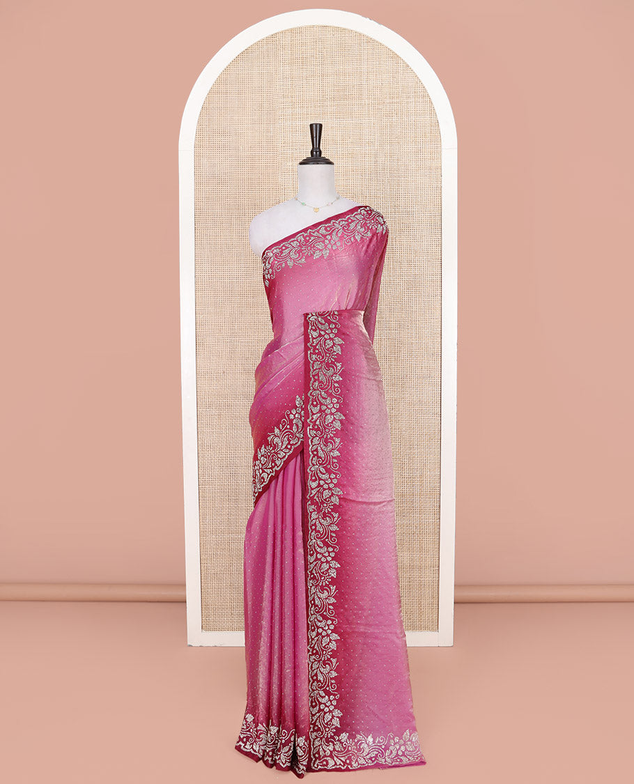 Purple Designer Saree, Accentuated with Stone Struck on Its Body, Complemented by a Contrast Floral Design Stone Work Border, Pallu of Stone Work, and Paired with a Contrast Blouse