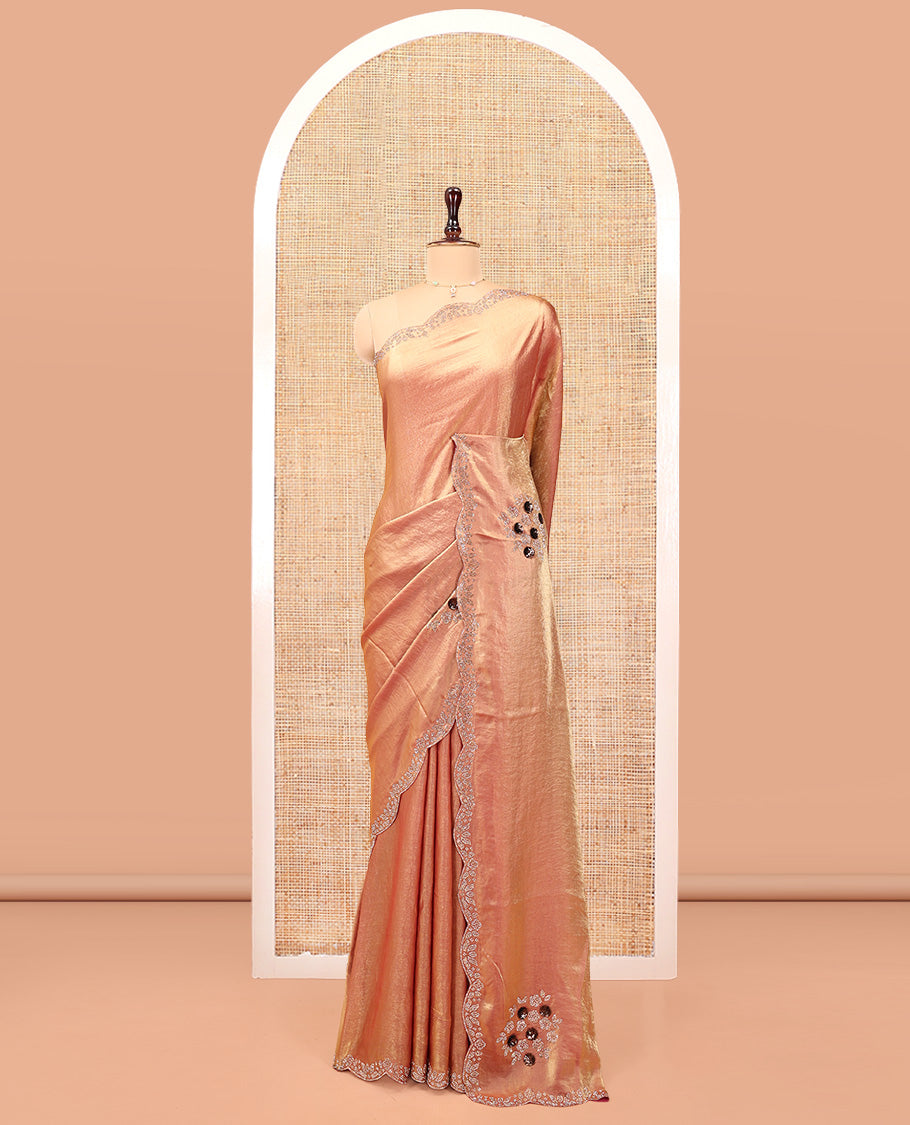 Pink Designer Saree, Spotlighted with Stone Work Embroidery On Its Body, Scallop Embroidered Border, and Paired with a Matching Blouse