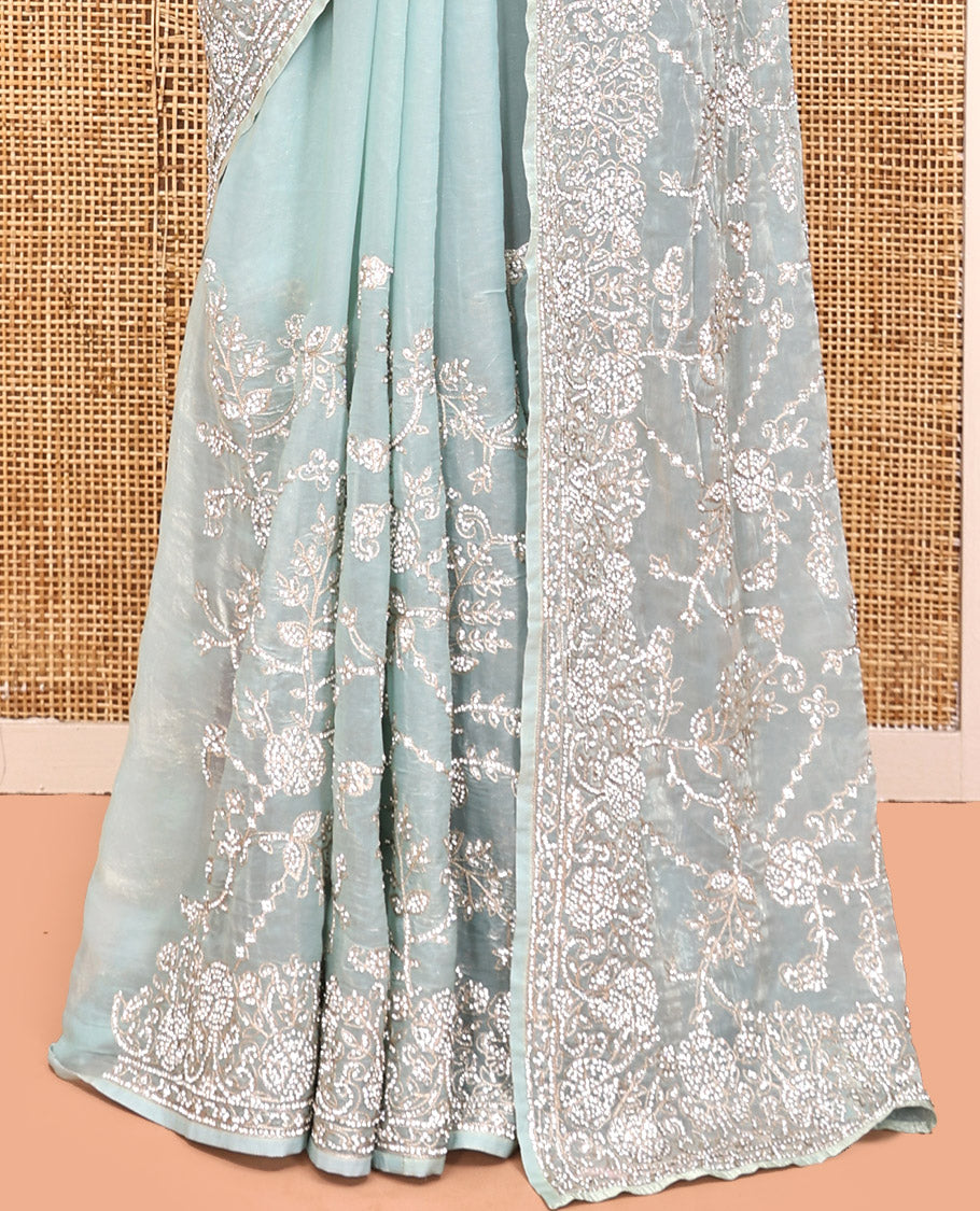 Pale Blue Designer Saree, Sparsely Detailed with Floral Vine Stone Embroidery, a Stone Embroidered Border, and a Matching Blouse