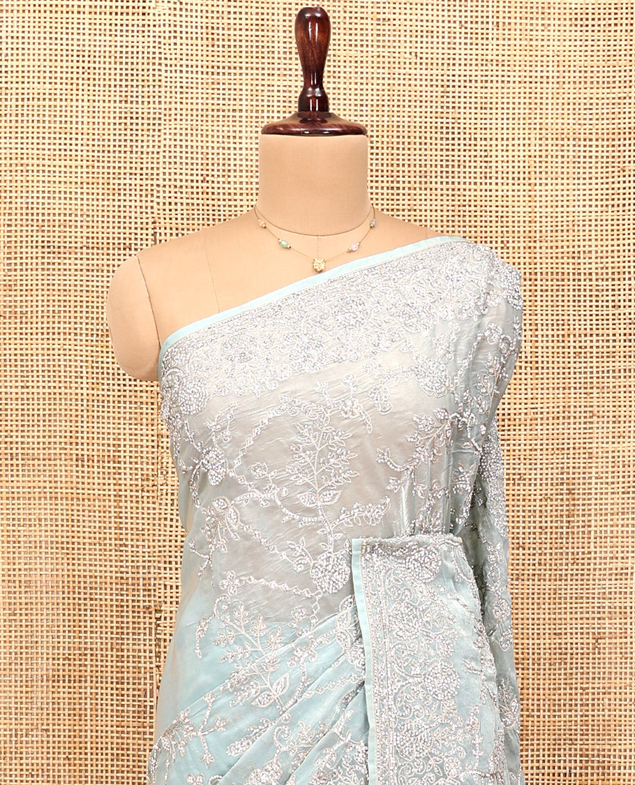 Pale Blue Designer Saree, Sparsely Detailed with Floral Vine Stone Embroidery, a Stone Embroidered Border, and a Matching Blouse