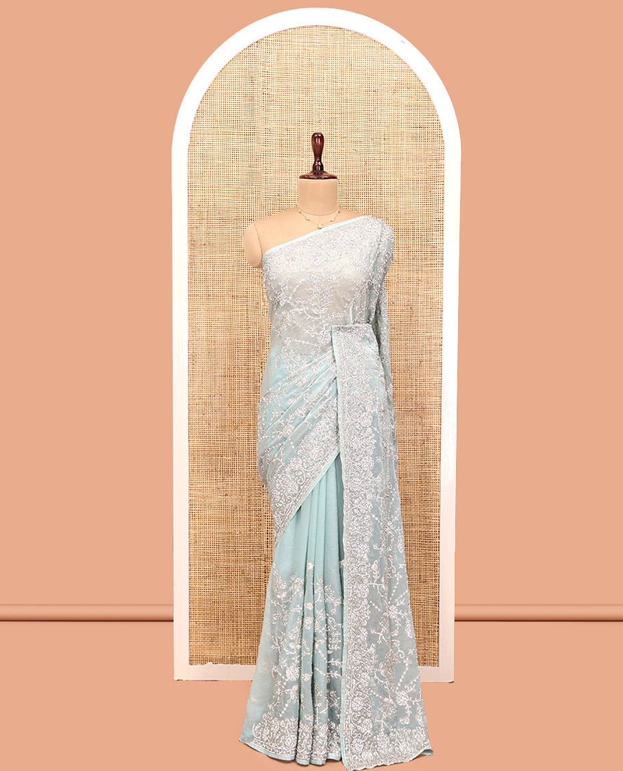 Pale Blue Designer Saree, Sparsely Detailed with Floral Vine Stone Embroidery, a Stone Embroidered Border, and a Matching Blouse