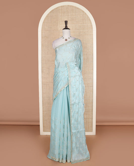 Powder blue ogee patterns kardana embroidered designer saree, stone embroidered border