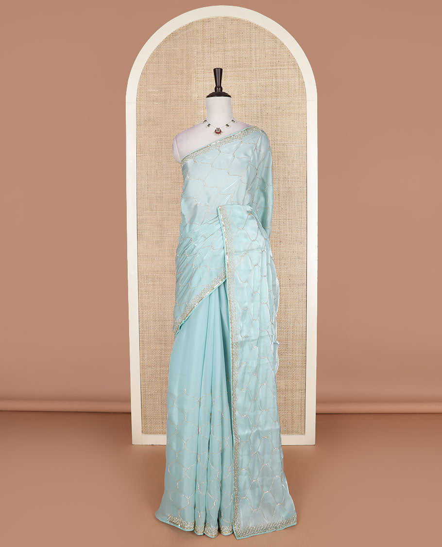 Powder blue ogee patterns kardana embroidered designer saree, stone embroidered border