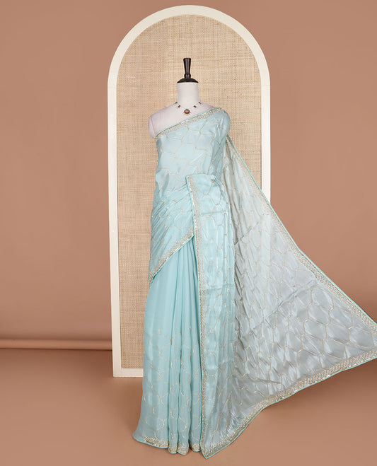 Powder blue ogee patterns kardana embroidered designer saree, stone embroidered border