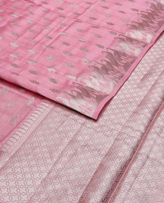 Pink motifs raw mango silk saree with self flamigo design border  & argyle design pallu