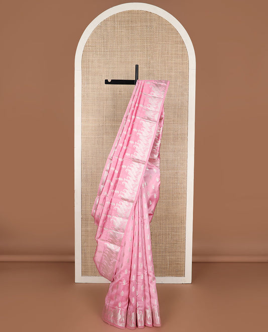 Pink motifs raw mango silk saree with self flamigo design border  & argyle design pallu