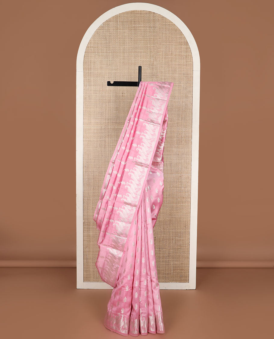 Pink motifs raw mango silk saree with self flamigo design border  & argyle design pallu