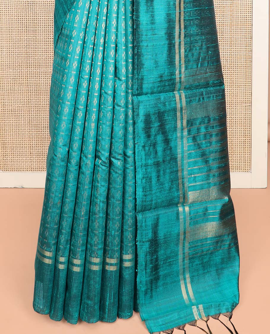 Blue Dupion Silk Saree, Prettified with Dobby-Style Buttas All Over Its Body, Zari Striped Border, Pallu of Zari Stripes, and Paired with a Matching Blouse