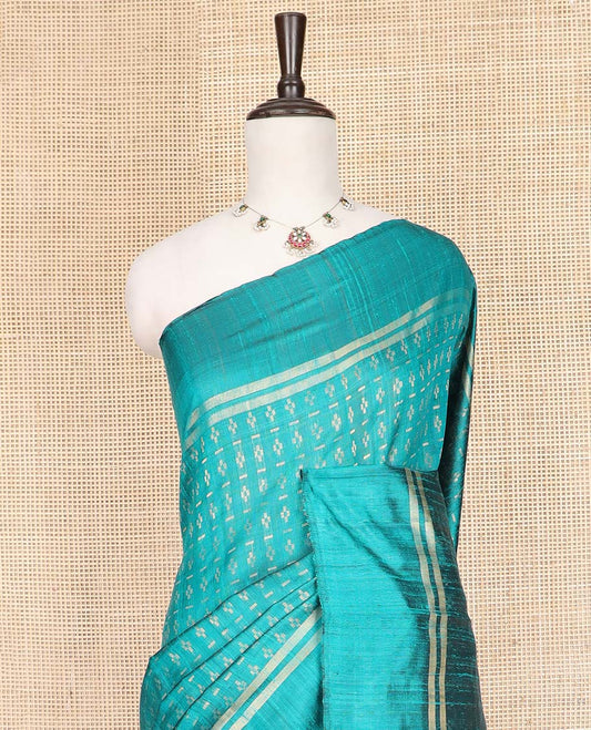 Blue Dupion Silk Saree, Prettified with Dobby-Style Buttas All Over Its Body, Zari Striped Border, Pallu of Zari Stripes, and Paired with a Matching Blouse