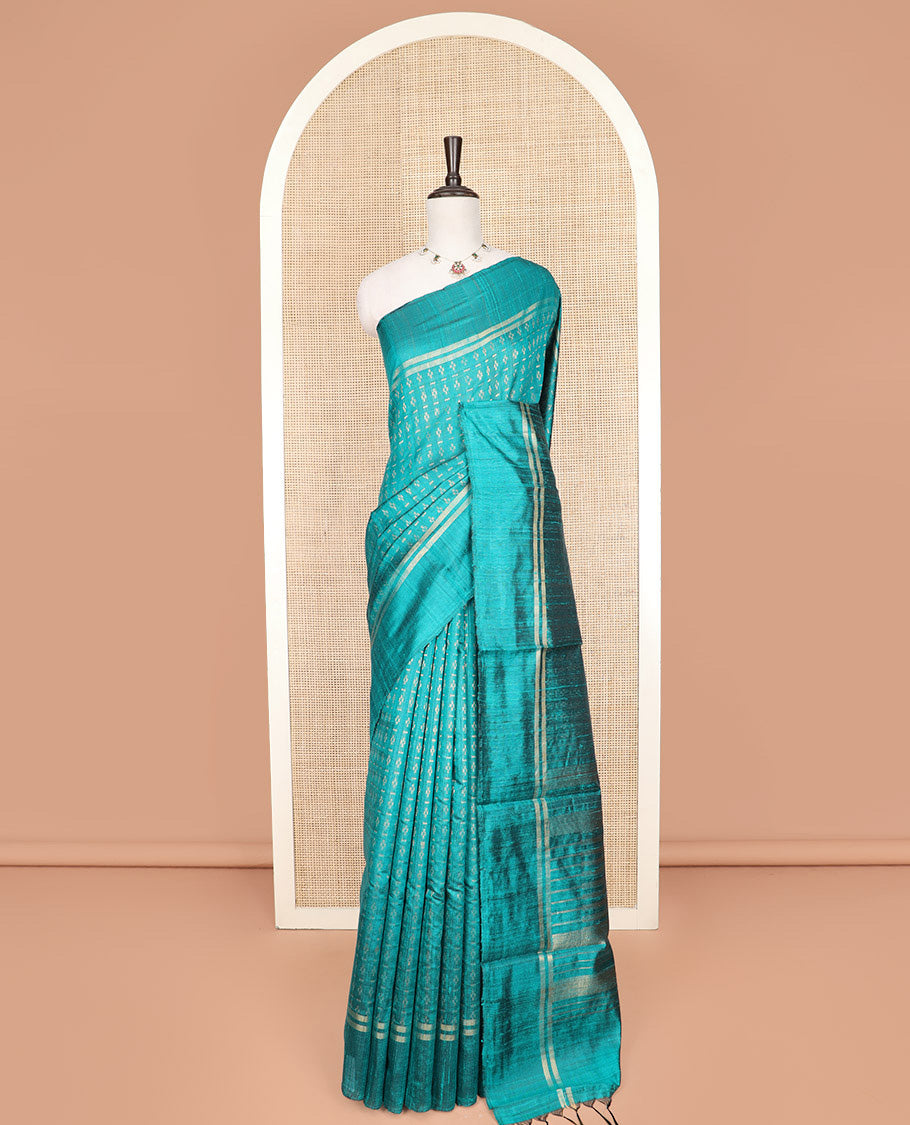 Blue Dupion Silk Saree, Prettified with Dobby-Style Buttas All Over Its Body, Zari Striped Border, Pallu of Zari Stripes, and Paired with a Matching Blouse