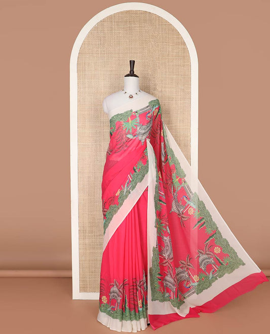 Red georgette saree with contrast forest theme design border