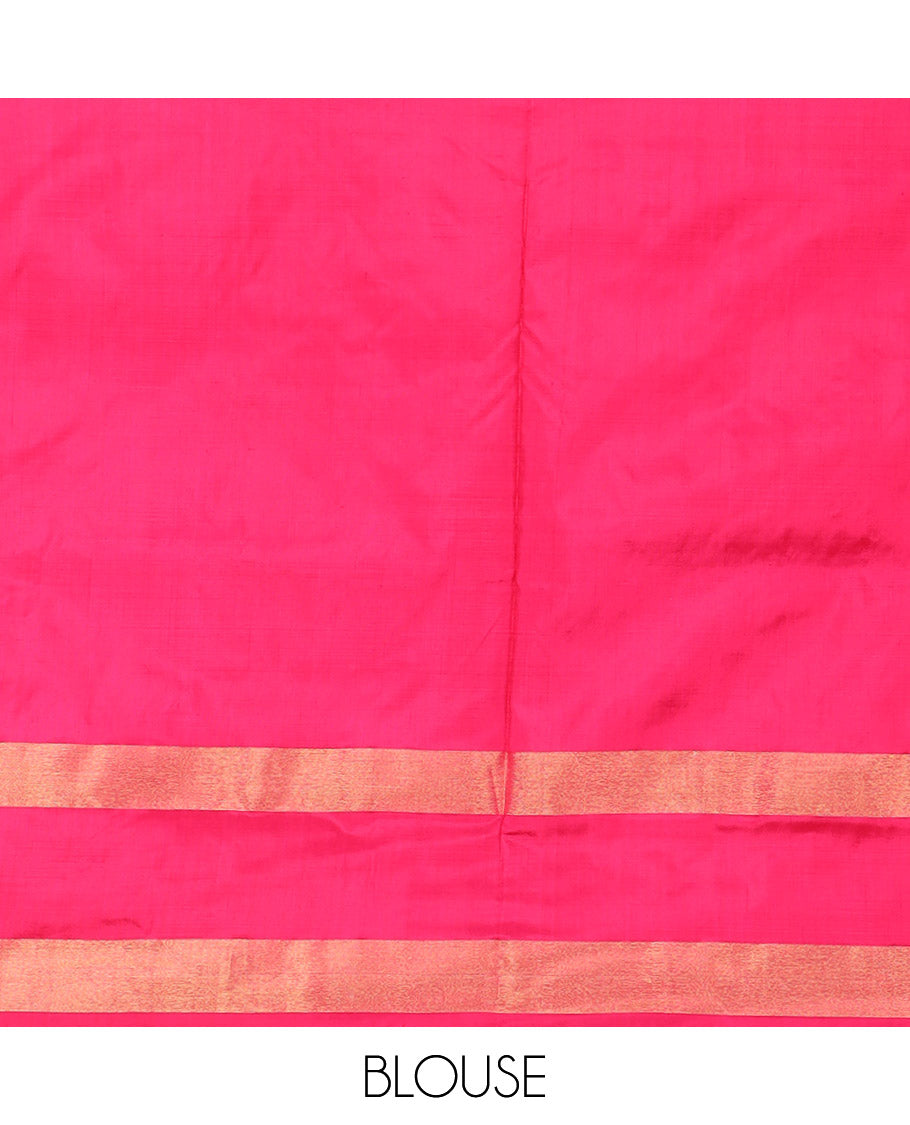 Grey Ikkat Silk Saree Decked Up with Elephant Motifs in Ikkat Weave, Complemented by a Contrast Temple Border, Pallu Woven in Intricate Ikkat Designs, and a Contrast Blouse
