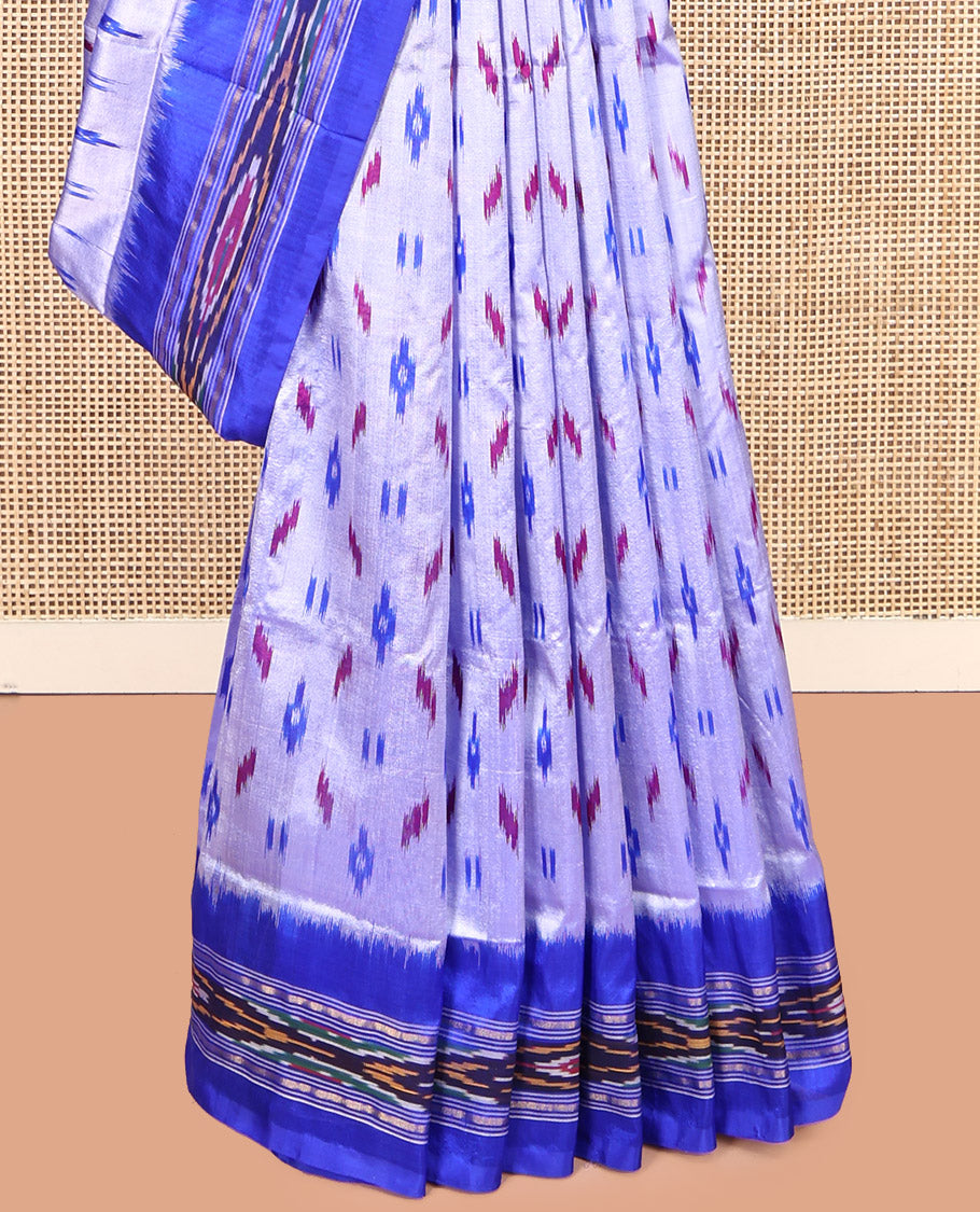 Light Lavender Pochampally Ikat Silk Saree, Elevated with Buttas, Complemented by a Contrast Ikat Border, Ikat-Style Pallu, and No Blouse