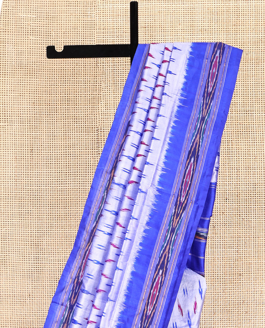 Light Lavender Pochampally Ikat Silk Saree, Elevated with Buttas, Complemented by a Contrast Ikat Border, Ikat-Style Pallu, and No Blouse