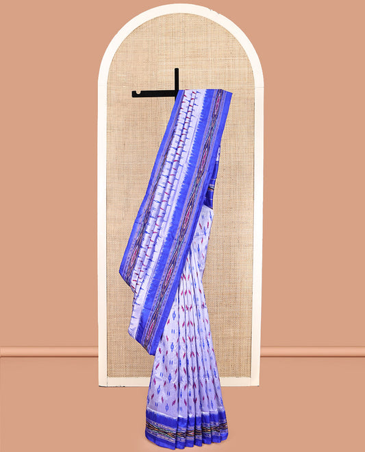 Light Lavender Pochampally Ikat Silk Saree, Elevated with Buttas, Complemented by a Contrast Ikat Border, Ikat-Style Pallu, and No Blouse