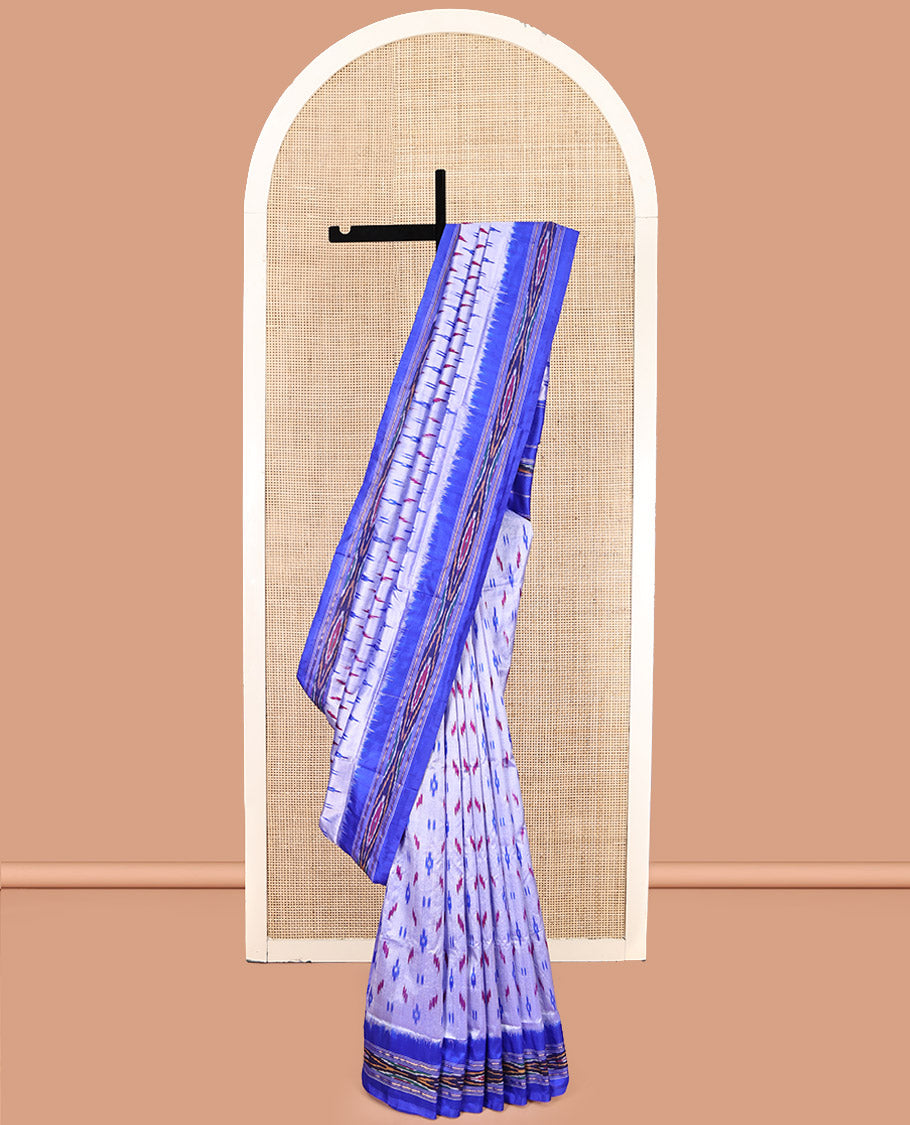 Light Lavender Pochampally Ikat Silk Saree, Elevated with Buttas, Complemented by a Contrast Ikat Border, Ikat-Style Pallu, and No Blouse