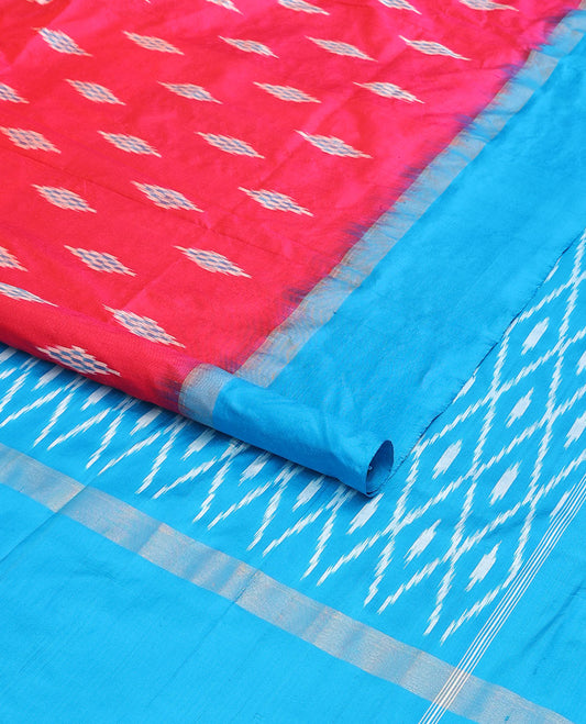 Red ikkat saree with diamond buttas, contrast ikkat design border & pallu of ikkat jaal design