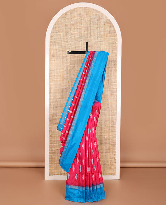 Red ikkat saree with diamond buttas, contrast ikkat design border & pallu of ikkat jaal design