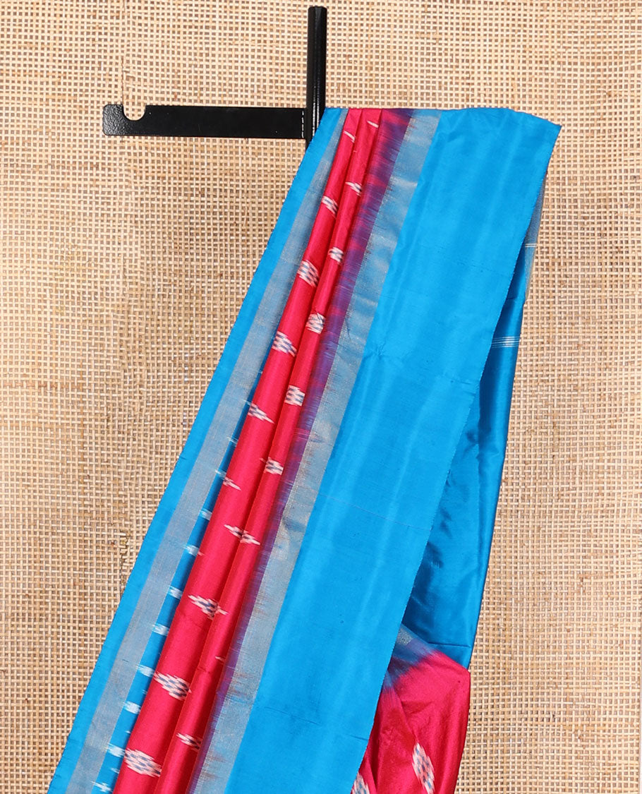 Red ikkat saree with diamond buttas, contrast ikkat design border & pallu of ikkat jaal design
