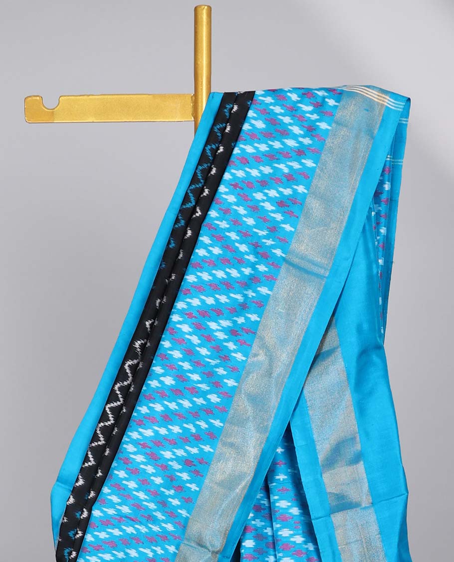 Black striped ikkat silk saree with contrast striped border & triangle stripes design pallu