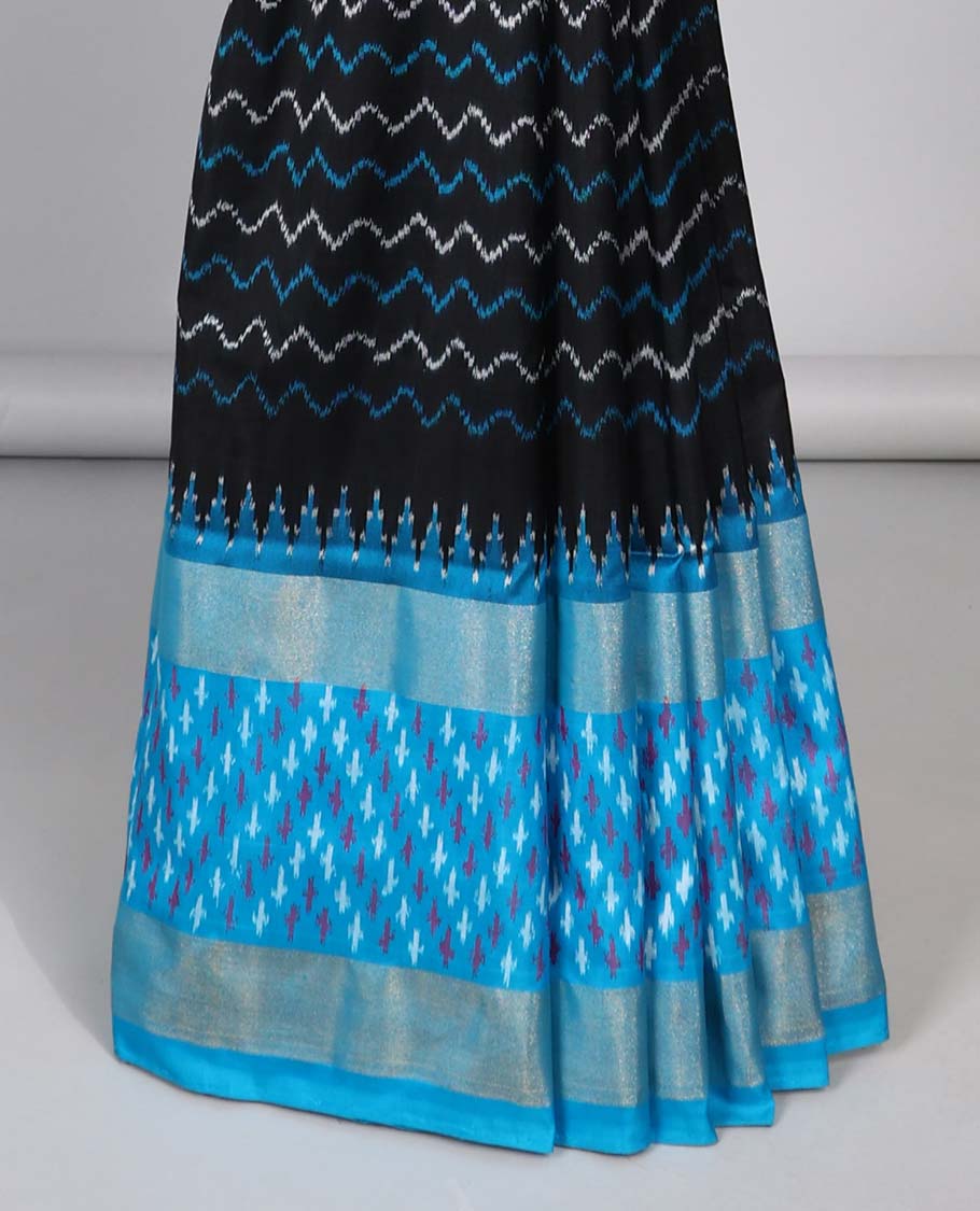 Black striped ikkat silk saree with contrast striped border & triangle stripes design pallu