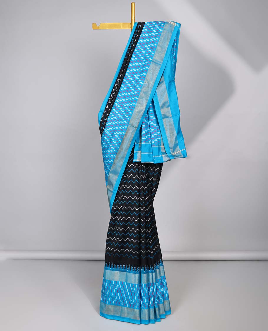 Black striped ikkat silk saree with contrast striped border & triangle stripes design pallu