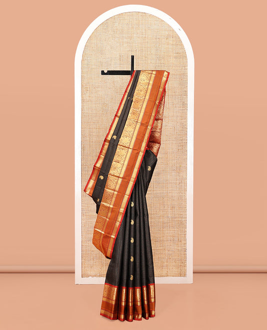 Black Kanchipuram Silk Saree, Woven with Zari Buttas and Checks, Contrast Border of Mayil and Muthu Designs, Intricately Designed Pallu, and Contrast Blouse