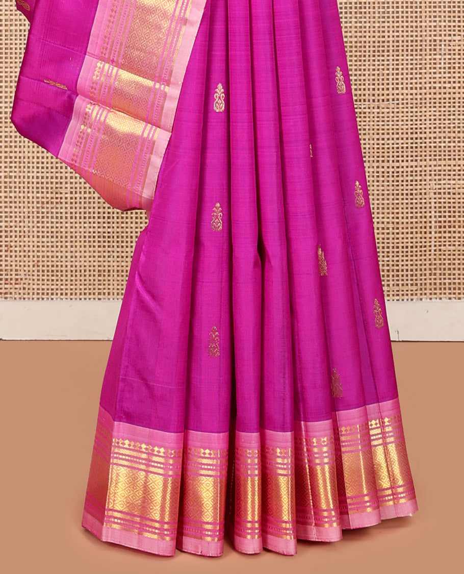 Rani Pink Kanchipuram Silk Saree, Accentuated with Zari Buttas, a Contrast One-Sided Border of Paneer Sombu, Banaras, Muthu, and Jaal Designs, Zari-Woven Pallu, and No Blouse