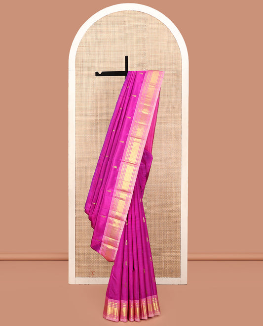 Rani Pink Kanchipuram Silk Saree, Accentuated with Zari Buttas, a Contrast One-Sided Border of Paneer Sombu, Banaras, Muthu, and Jaal Designs, Zari-Woven Pallu, and No Blouse