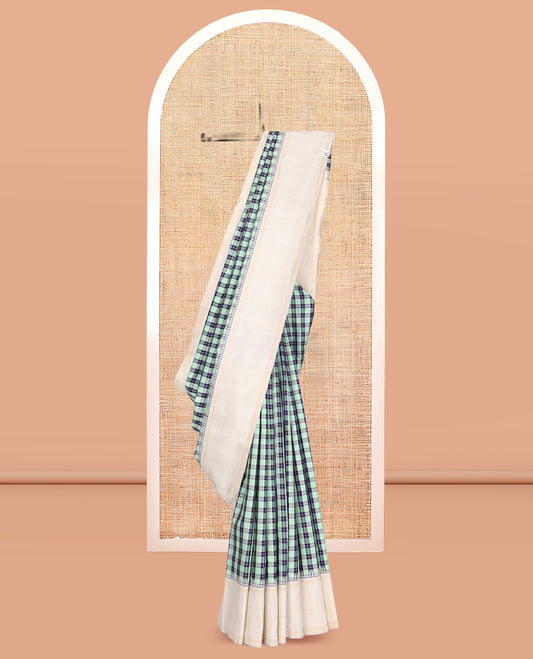 Green-Blue Checked Kanchipuram Silk Saree, Complemented by a Contrast Thazampoo Rekku Bodi Border, Sparsely Woven Pallu, and Contrast Blouse