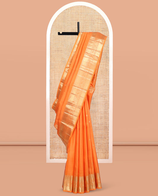 Orange Kanchipuram Silk Saree, Sparsely Woven with Zari Buttas, Highlighted by Zari Border of Thilakam Mokku, and Mayil Designs, Grand Pallu, and Matching Blouse