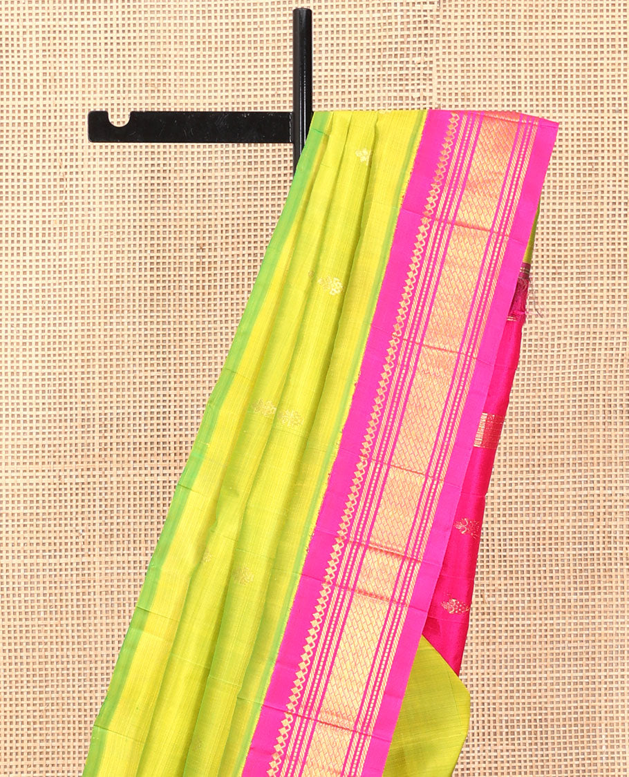 Green Kanchipuram Silk Saree, Woven with Zari Buttas, a Contrast One-Sided Korvai Border of Salngai, and Banaras Designs, a Zari Design Pallu, and No Blouse