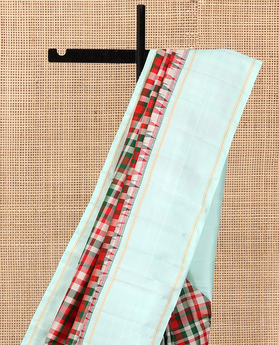 Multi-Color Checked Kanchipuram Silk Saree, Complemented by a Contrast Bodi Thazampoo Rekku Border, Zari Striped Pallu, and a Contrast Blouse