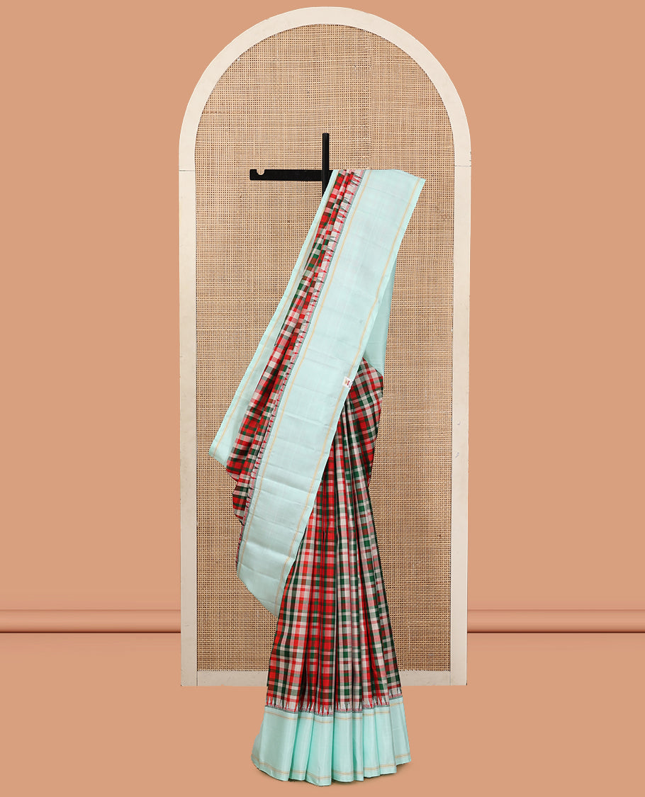 Multi-Color Checked Kanchipuram Silk Saree, Complemented by a Contrast Bodi Thazampoo Rekku Border, Zari Striped Pallu, and a Contrast Blouse