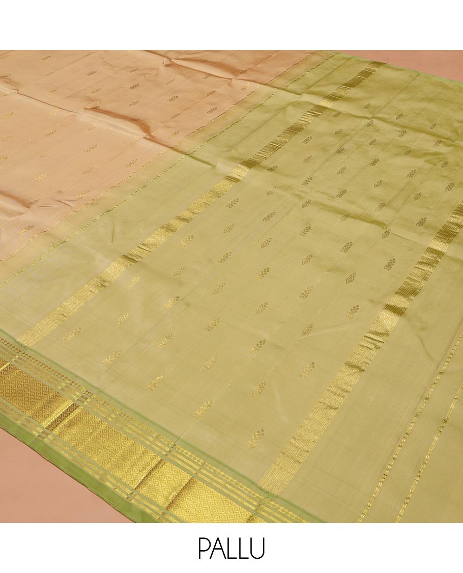 Sandal Kanchipuram Silk Saree, Subtly Sparkled with Thread Buttas on Its Body, Complemented by a Contrast One-Sided Border of Panner Sombu, Banaras, and Mayil Kann Designs, Pallu Features Zari Designs, and Comes Without a Blouse