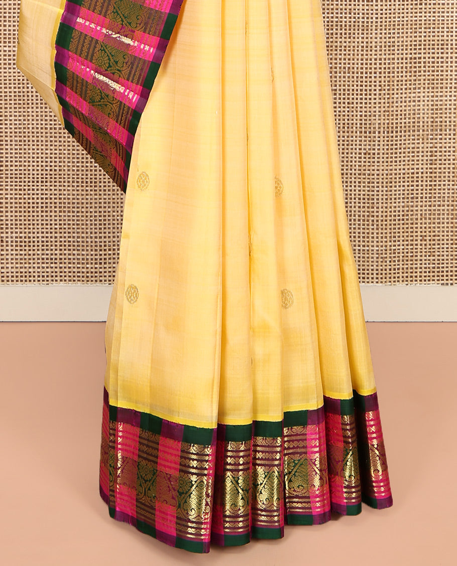 Yellow Kanchipuram Silk Saree, Sparsely Woven with Zari Buttas, Contrast One-Sided Korvai Checked Border of Neli, Banaras, and Jada Nagam Designs, Zari Design Pallu, and No Blouse
