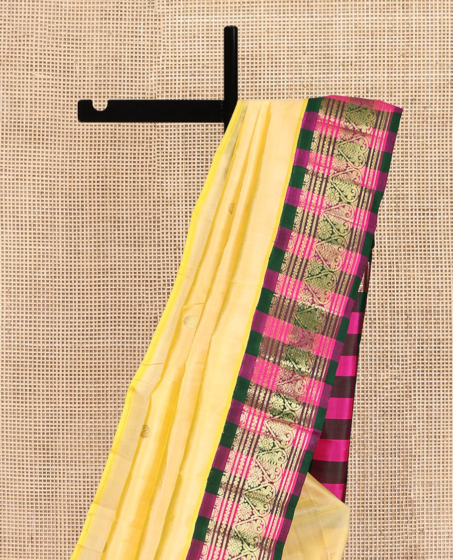 Yellow Kanchipuram Silk Saree, Sparsely Woven with Zari Buttas, Contrast One-Sided Korvai Checked Border of Neli, Banaras, and Jada Nagam Designs, Zari Design Pallu, and No Blouse
