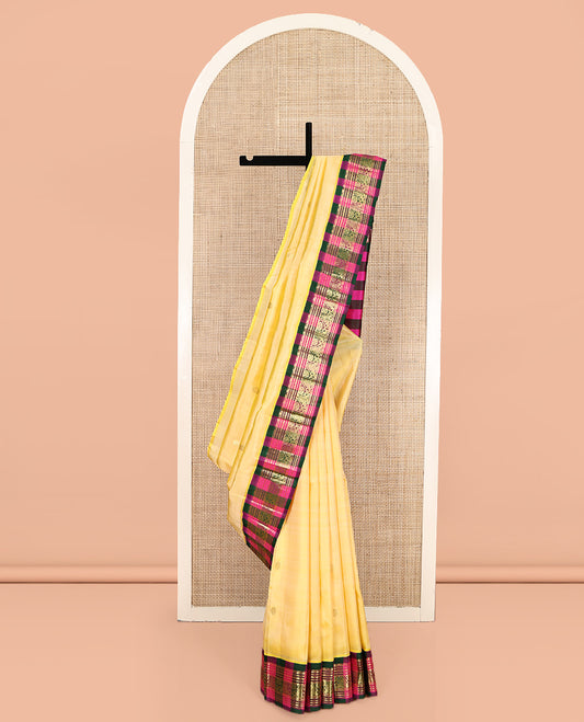 Yellow Kanchipuram Silk Saree, Sparsely Woven with Zari Buttas, Contrast One-Sided Korvai Checked Border of Neli, Banaras, and Jada Nagam Designs, Zari Design Pallu, and No Blouse