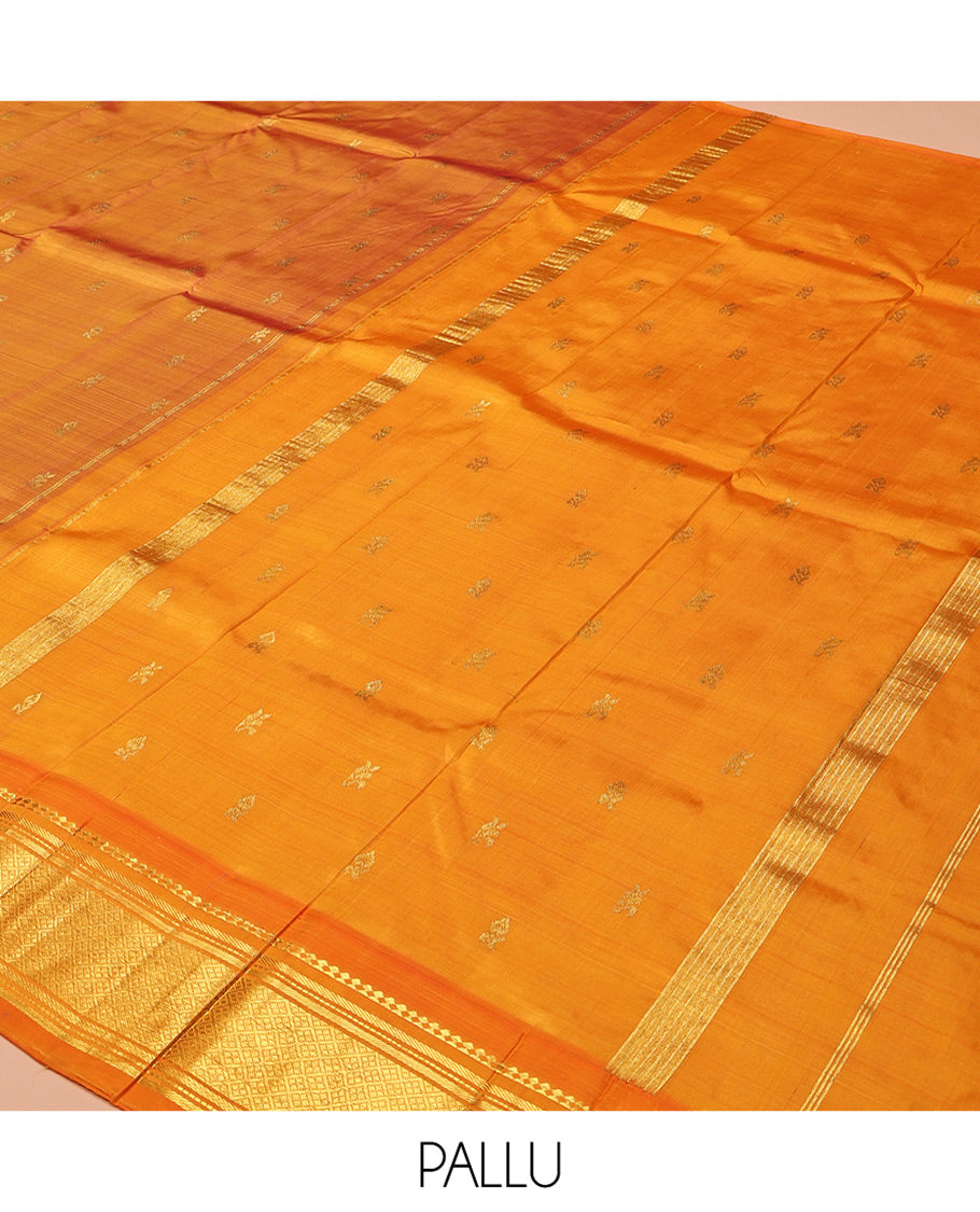Orange Kanchipuram Silk Saree, Woven with Zari Buttas, Highlighted by a Zari One-Sided Border of Panner Sombu, Banaras, Muthu, and Jaal Design, Zari Design Pallu, and No Blouse