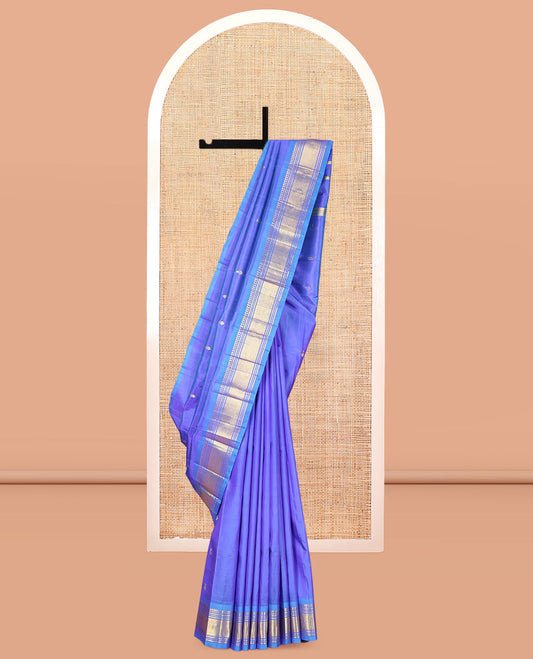 Lavender Zari Buttas Kanchipuram Silk Saree, Highlighted by a Zari One-Sided Border of Panner Sombu, Banaras, Muthu, and Jaal Designs, Zari Design Pallu, and a No Blouse